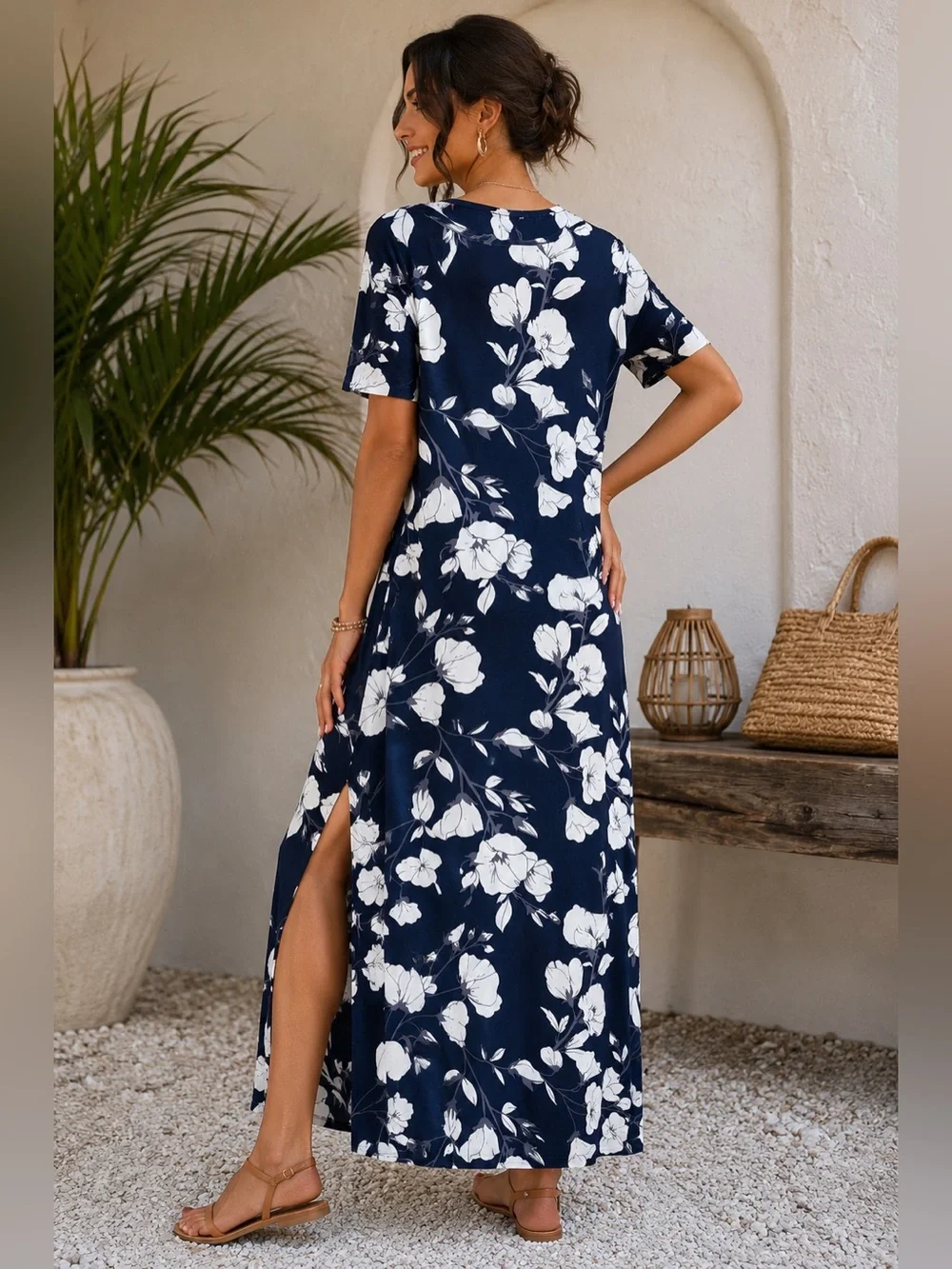NWT Zeagoo Navy White Floral Maxi Dress Pockets Side Slit Stretch Large - Picture 2 of 6